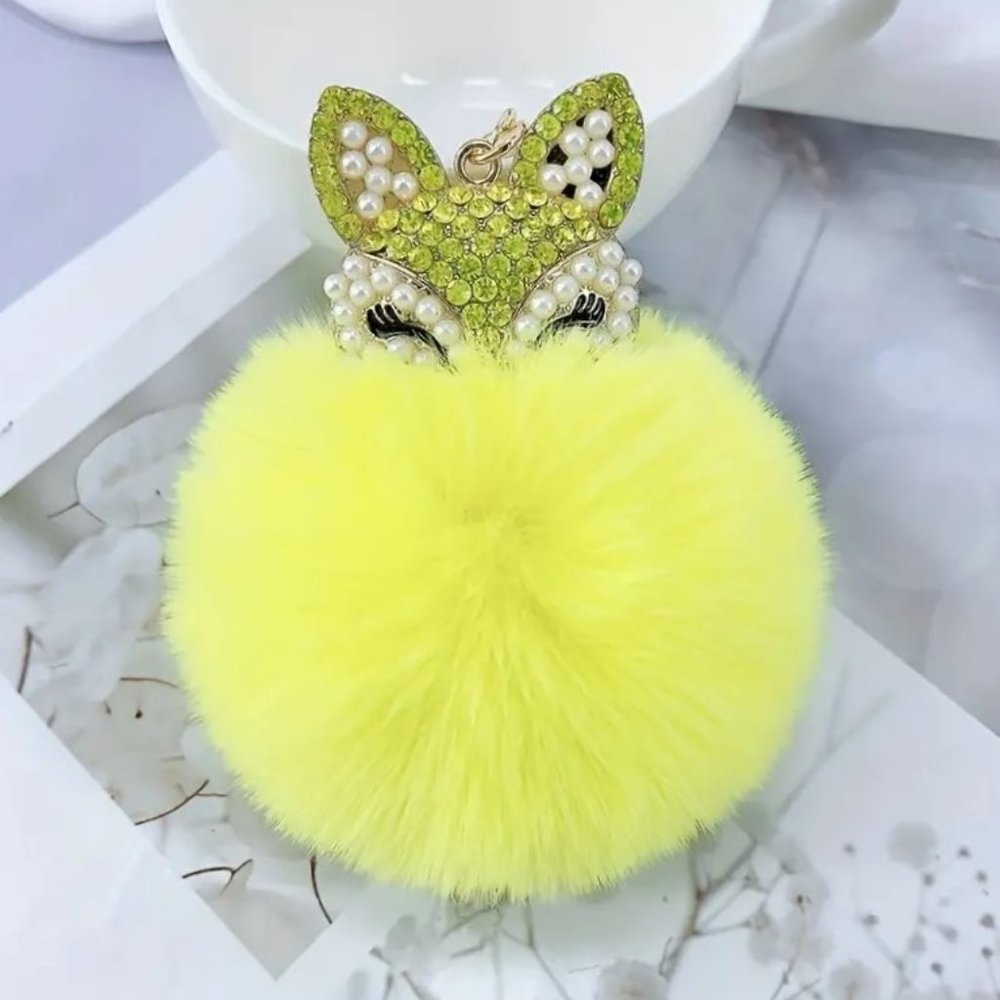FOX Pom Pom Bag Charm Rhinestone  Keychain Purse Yellow Faux Pearls GIFT